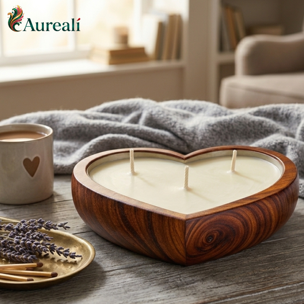 Aurealí heart-shaped wooden candle with three wicks and creamy white wax, styled on a rustic wooden table with lavender, matches, and cozy home décor.