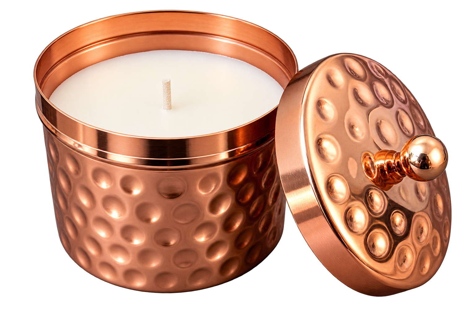 Hammered copper-finish metal candle jar with white wax, single wick, and matching decorative lid.