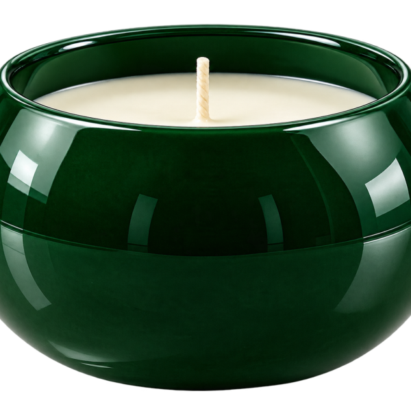 Green metal jar candle filled with premium wax, featuring a stylish finish for elegant home décor and a warm ambiance.