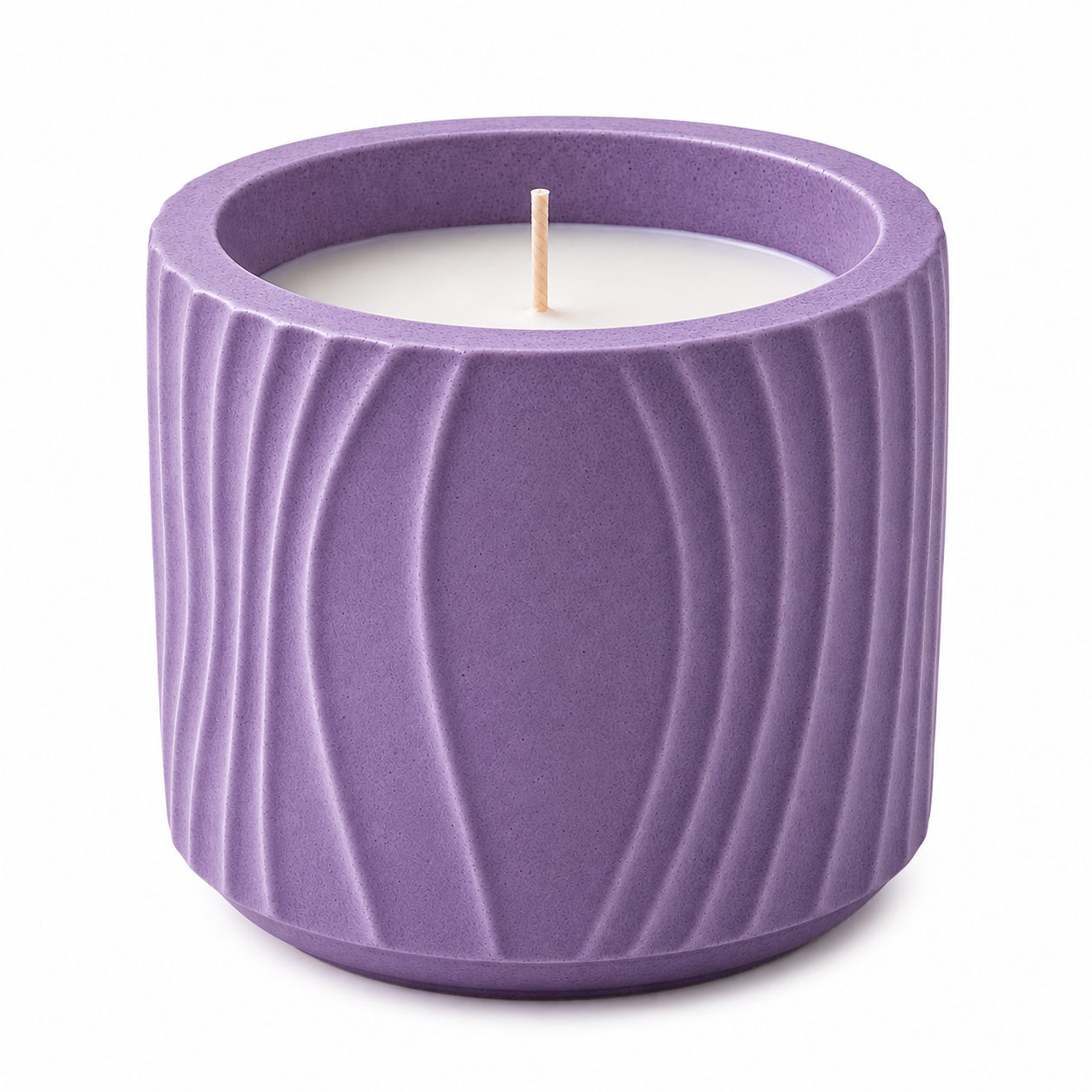 Lavender coloured textured ceramic candle jar filled with white soy wax and a single natural cotton wick.
