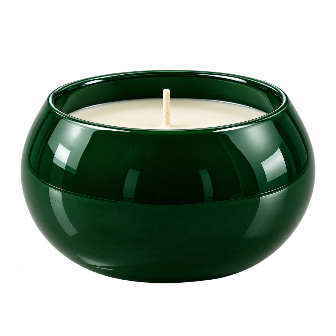 Green metal jar candle filled with premium wax, featuring a stylish finish for elegant home décor and a warm ambiance.