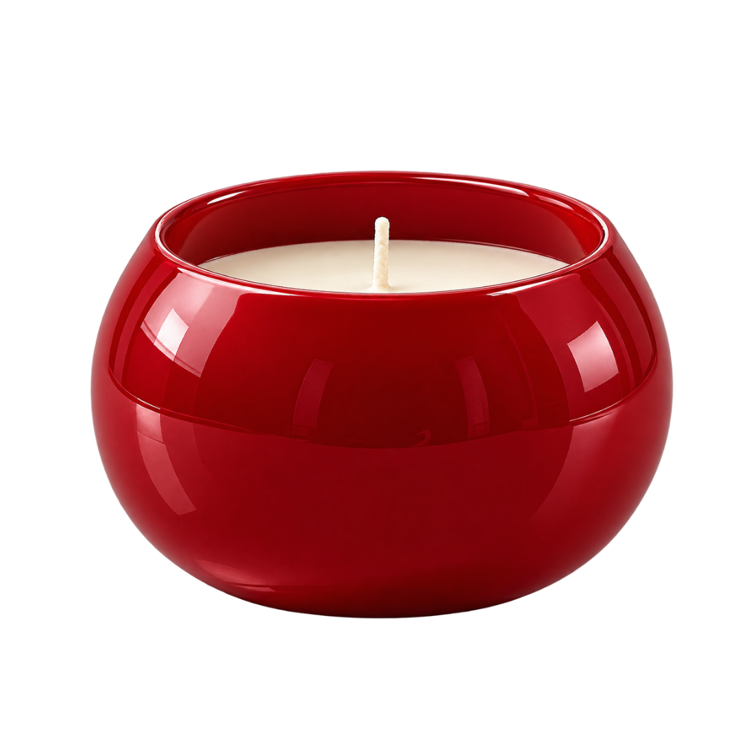 Red metal jar candle filled with premium wax, featuring a rich red finish for elegant décor and a warm, inviting ambiance.