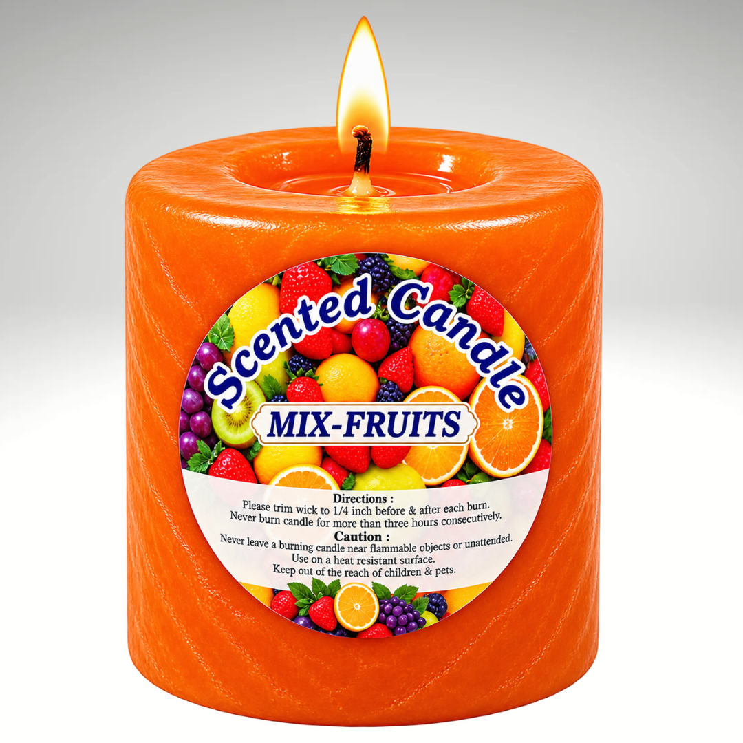 Orange-colored mixed fruit scented pillar candle without a jar, featuring a classic cylindrical design for home décor and fragrance.