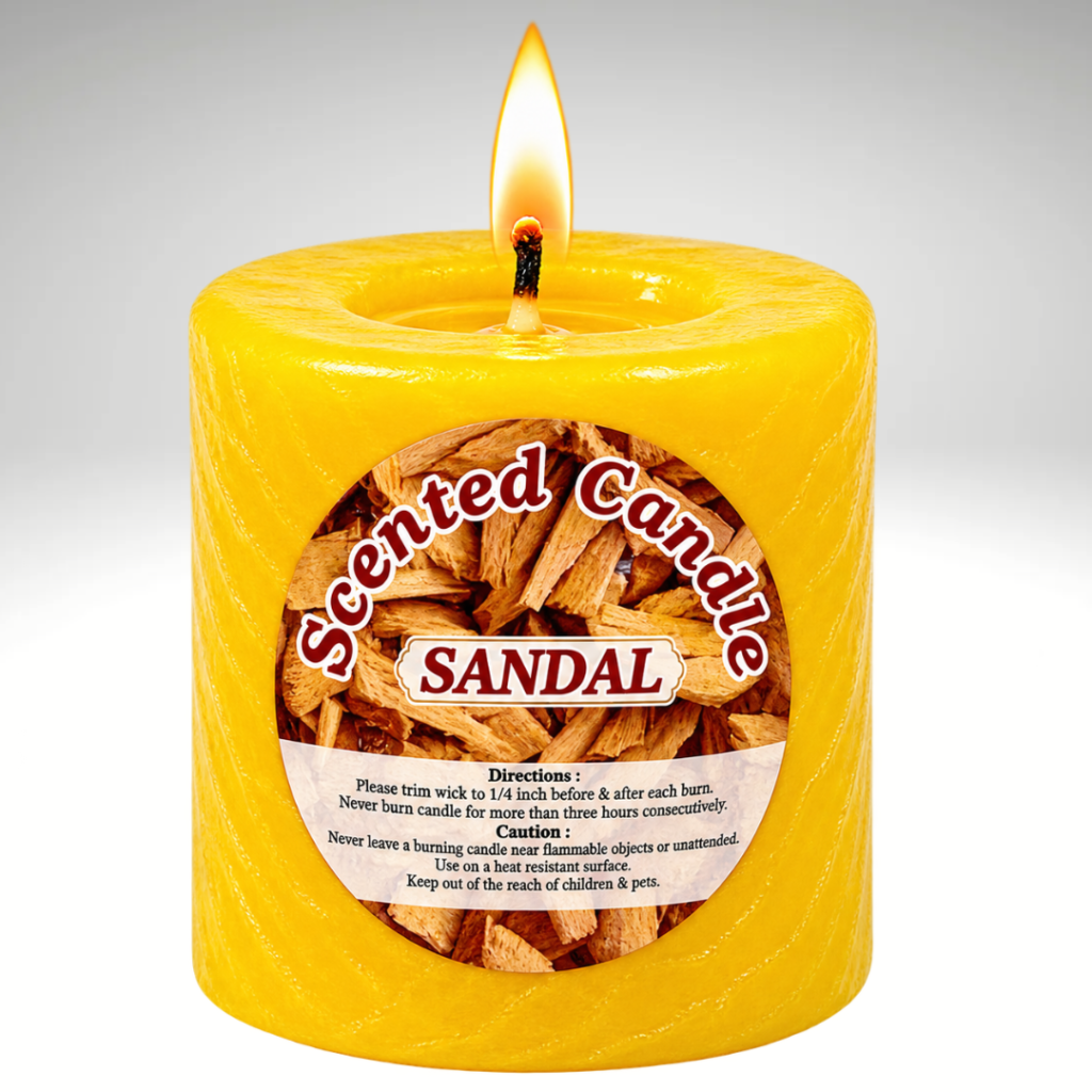 Yellow-colored sandalwood scented pillar candle without a jar, featuring a classic cylindrical design for home décor and a warm, calming fragrance.