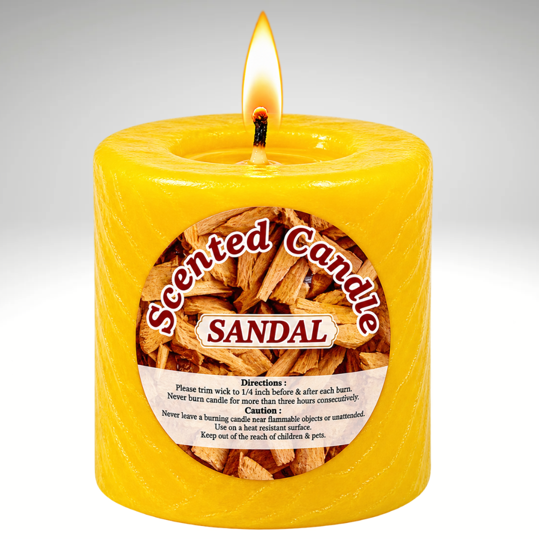 Yellow-colored sandalwood scented pillar candle without a jar, featuring a classic cylindrical design for home décor and a warm, calming fragrance.