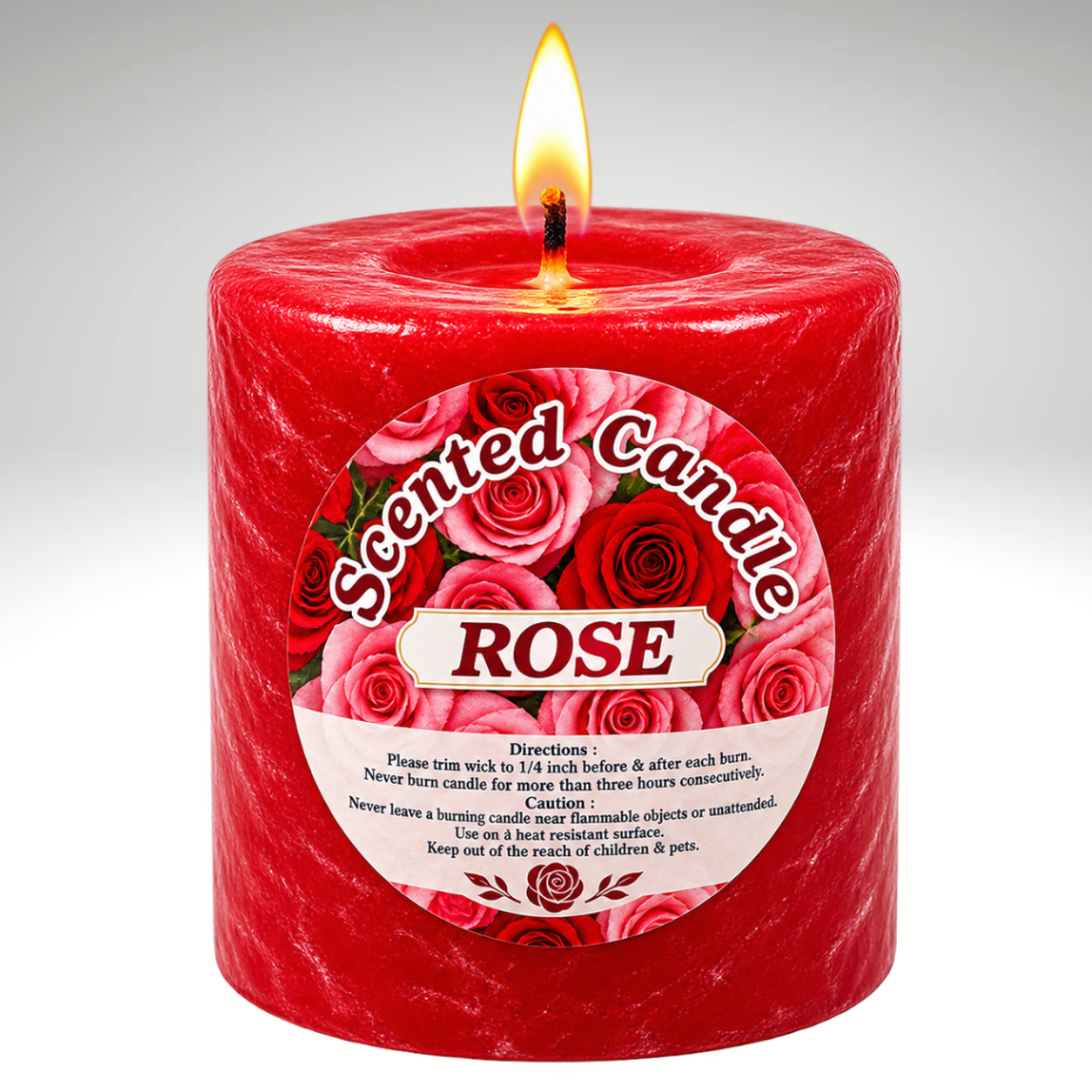 Red-colored rose scented pillar candle without a jar, featuring a classic cylindrical design for home décor and fragrance.