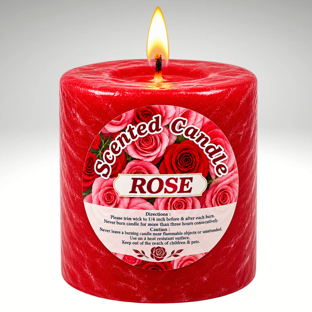 Red-colored rose scented pillar candle without a jar, featuring a classic cylindrical design for home décor and fragrance.
