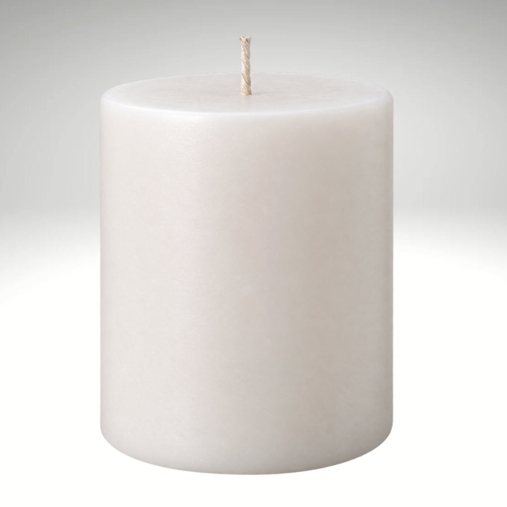White pillar candle with a unique cracked wax texture, featuring an elegant distressed finish for decorative home décor and gifting.