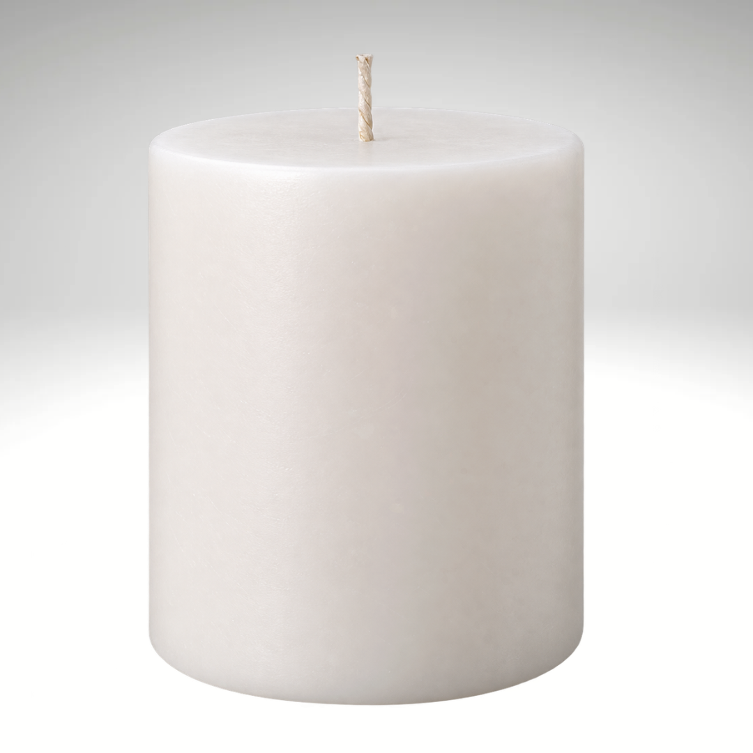 White pillar candle with a unique cracked wax texture, featuring an elegant distressed finish for decorative home décor and gifting.