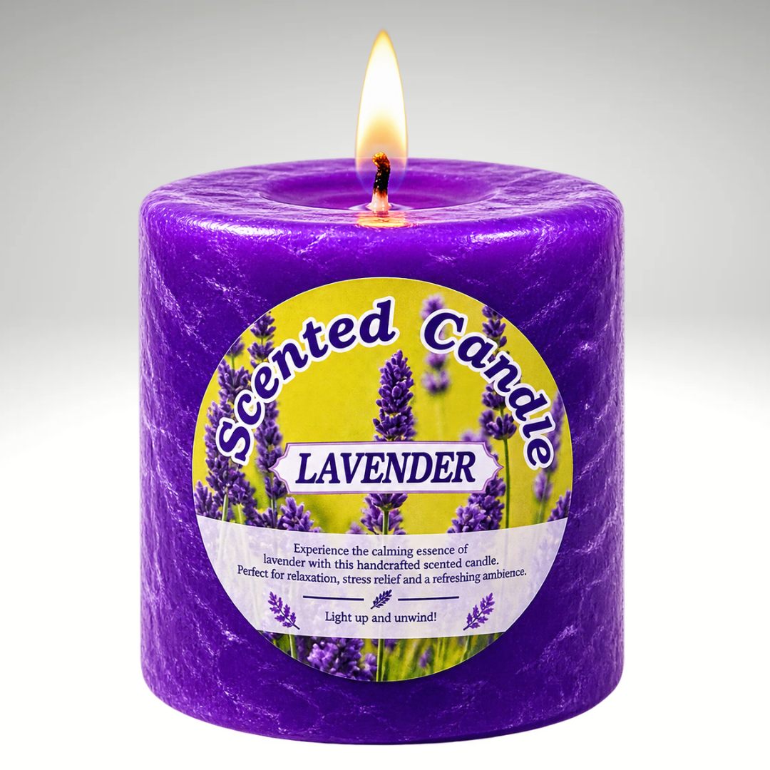 Lavender-colored scented pillar candle without a jar, featuring an elegant cylindrical design for home décor and relaxation.