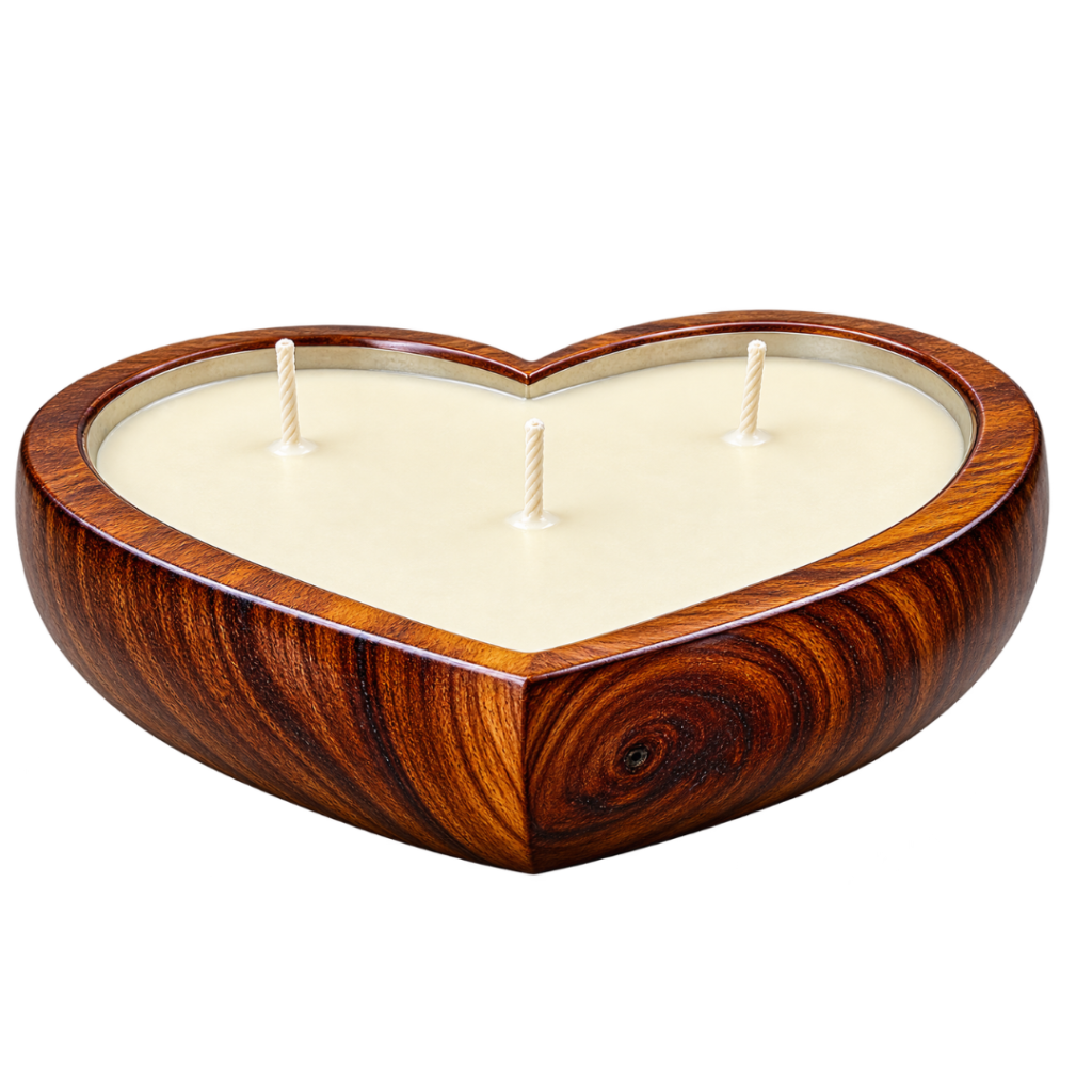 Heart-shaped wooden jar candle filled with white wax and featuring three wicks.