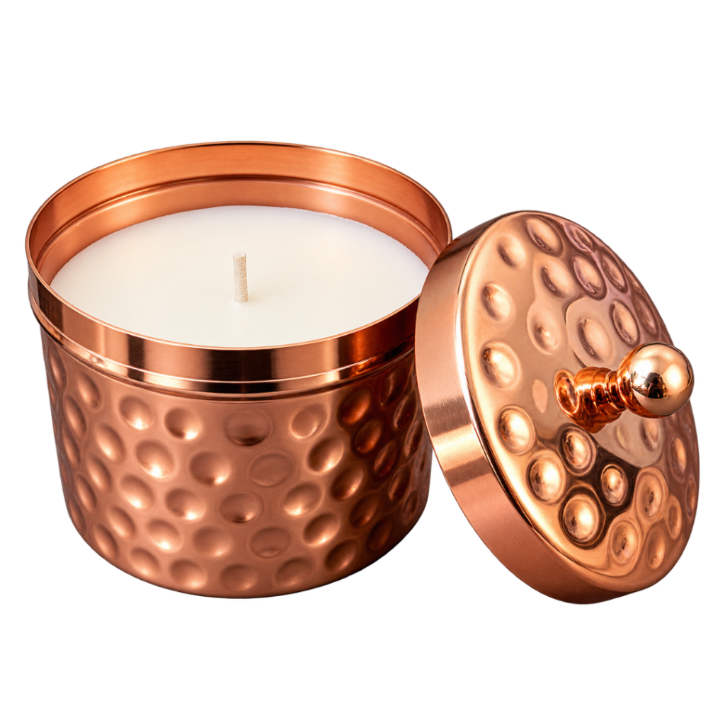 Hammered copper-finish metal candle jar with white wax, single wick, and matching decorative lid.