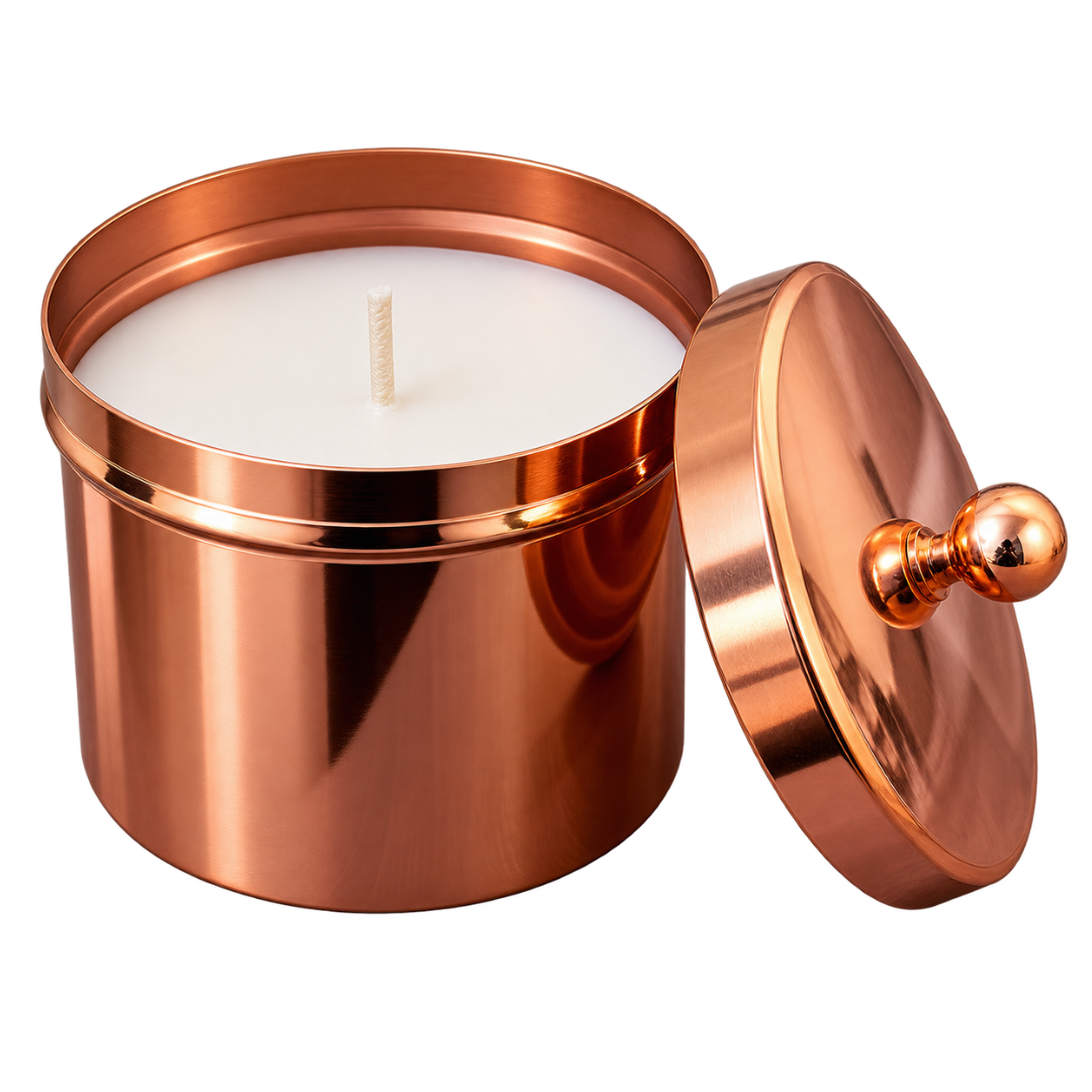 Plain copper-finish metal candle jar with white wax, single wick, and matching lid with a round knob.