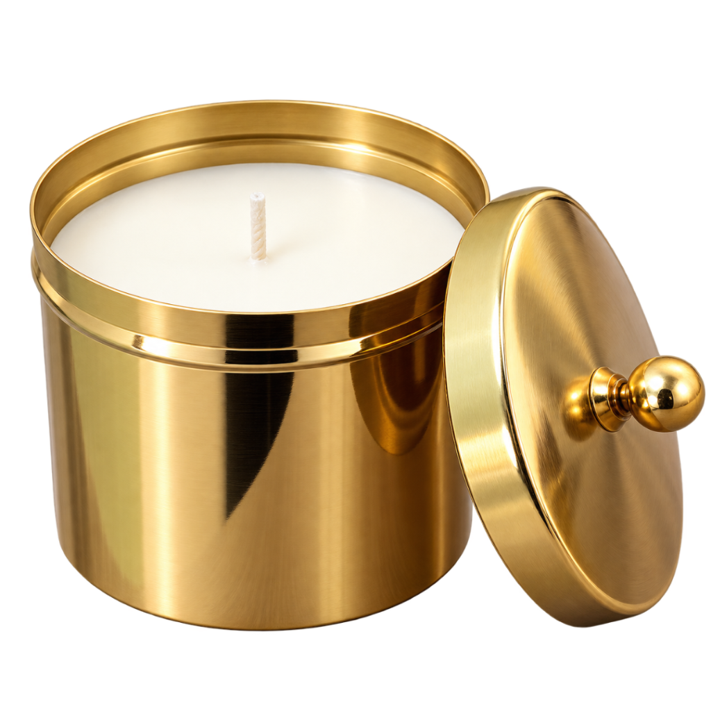Plain gold-finish metal candle jar with white wax, single wick, and matching lid with a round knob.