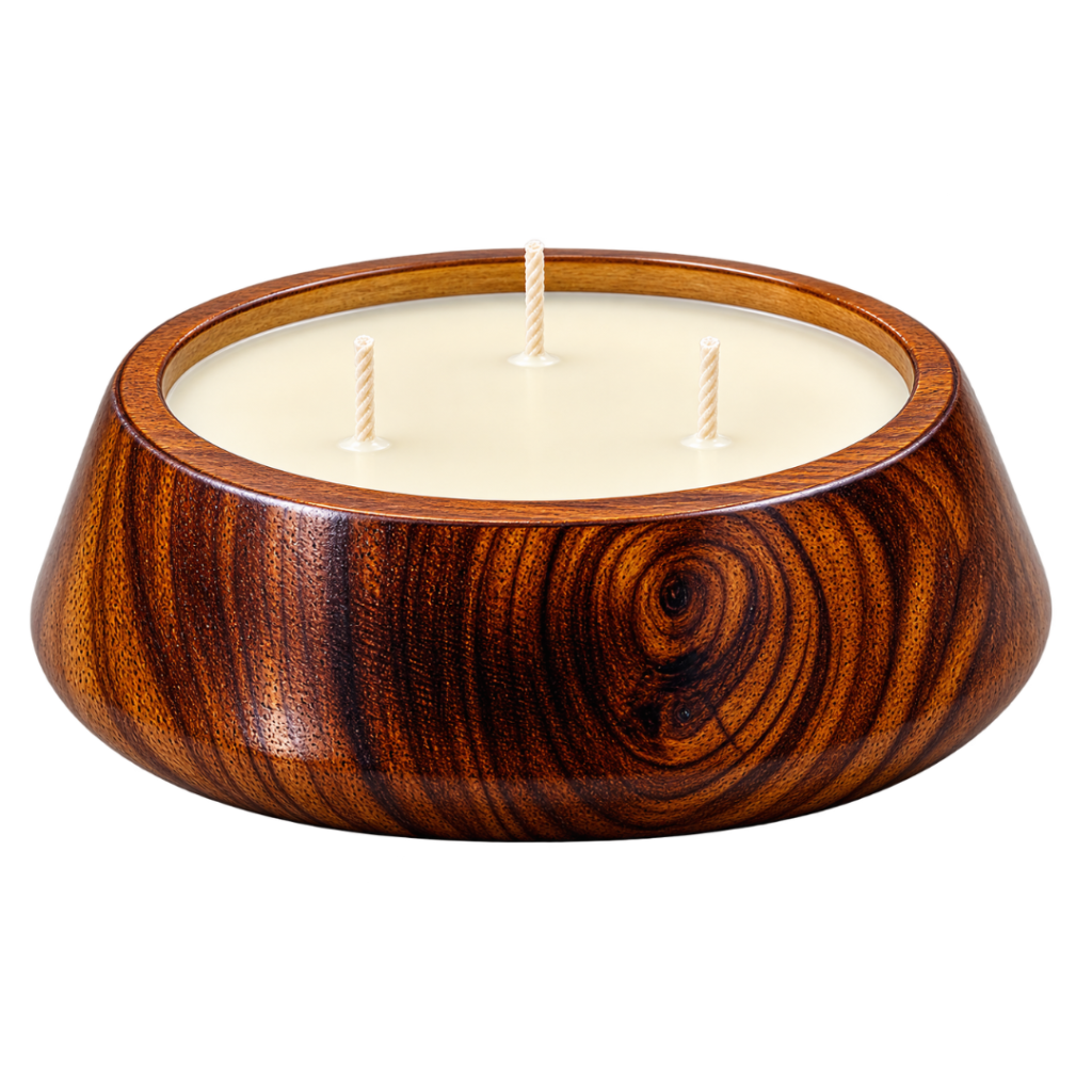 Handcrafted wooden bowl candle with three wicks and creamy wax
