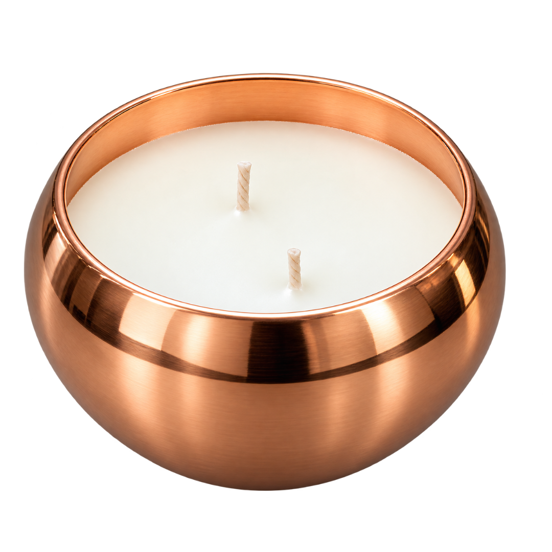 Champagne-colored dome-shaped candle in an elegant decorative jar, featuring premium wax and a luxurious metallic finish for sophisticated home décor.