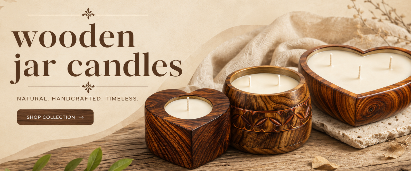 Wooden jar candles handcrafted with natural wood finish, creating a warm and elegant home décor ambiance.