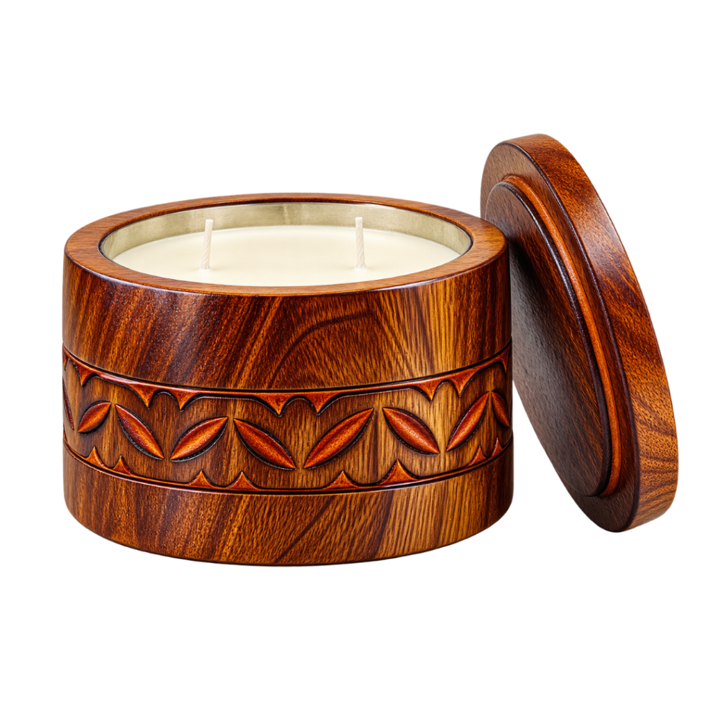 Natural wooden jar candle with a fitted wooden lid, filled with premium wax and designed in a rustic handcrafted style for home décor and gifting.