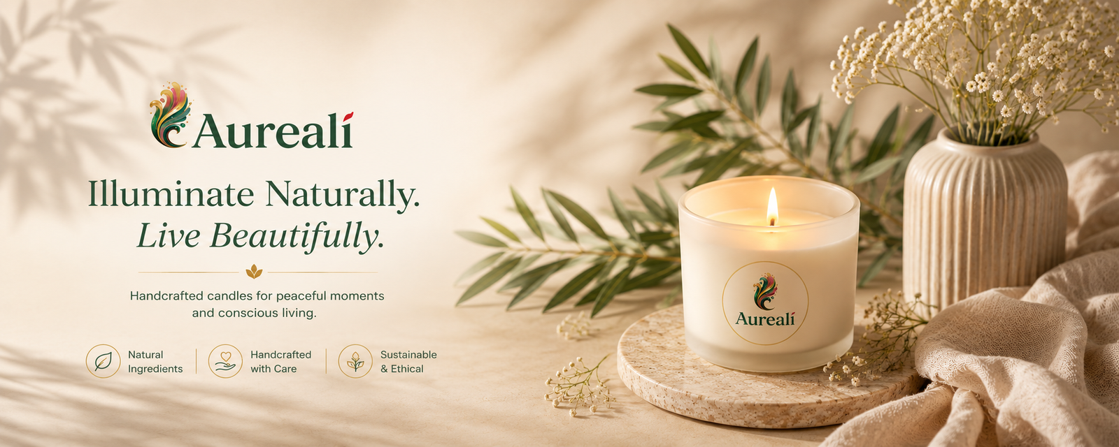 Aureali luxury scented candle collection banner featuring premium candles for home décor and relaxation.
